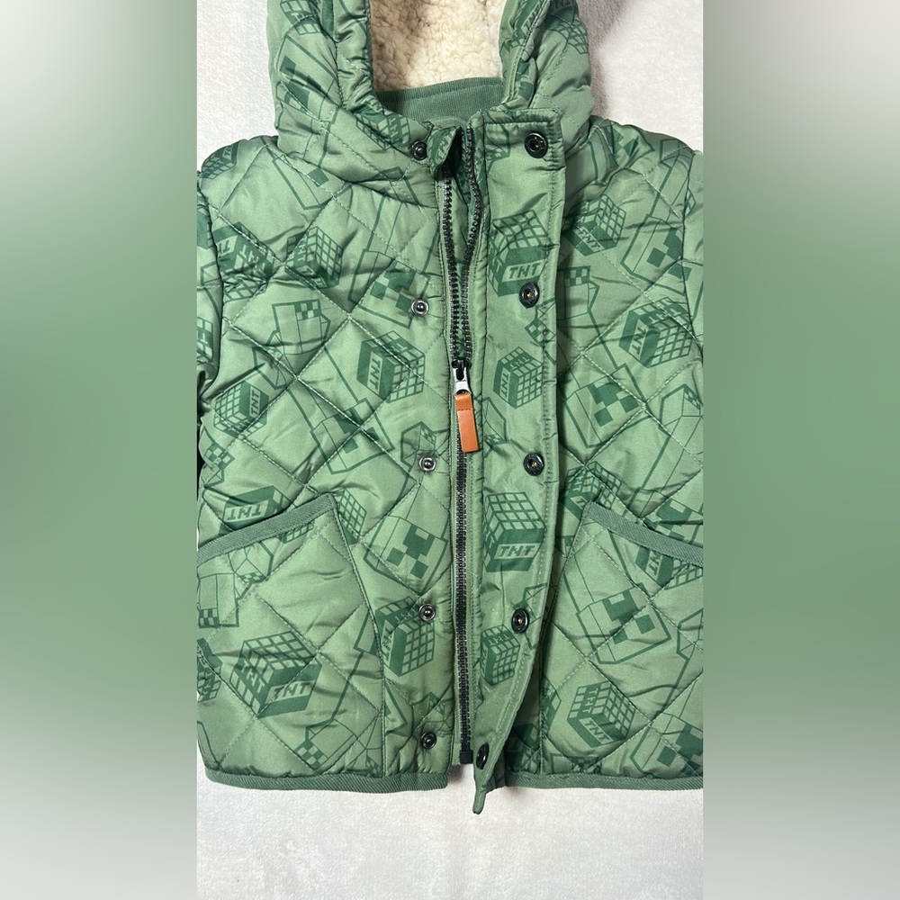 Minecraft Boys 5/5A Quilted Hooded Jacket Green Creeper Sherpa Lined - Picture 4 of 9
